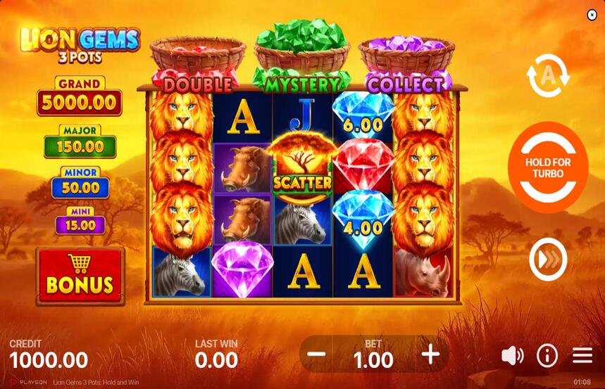 Lion Gems 3 Pots Hold and Win